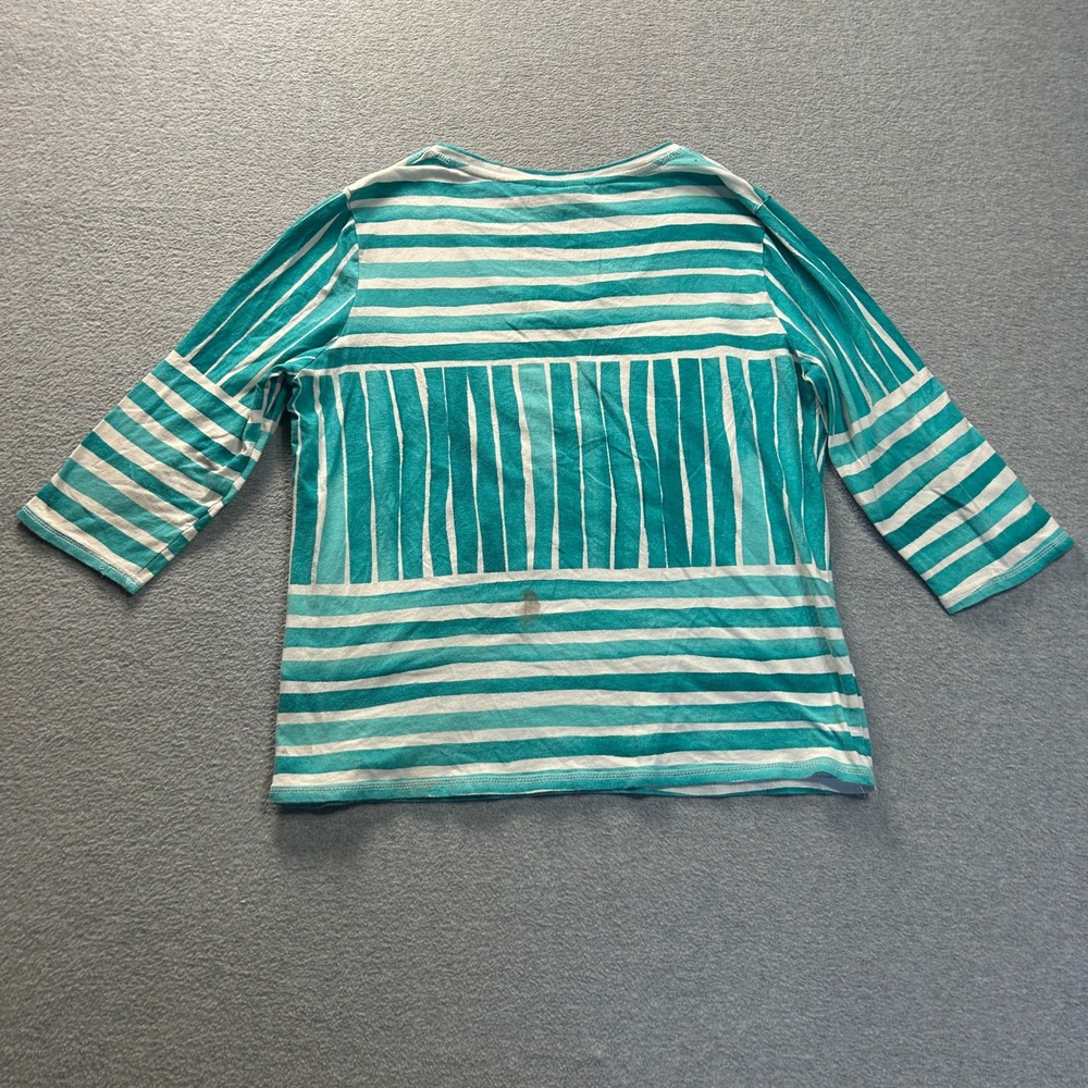 Onque Casual V Neck Knit Top Womens Large Aqua White Striped 3/4 Sleeve Stretch - Picture 2 of 7